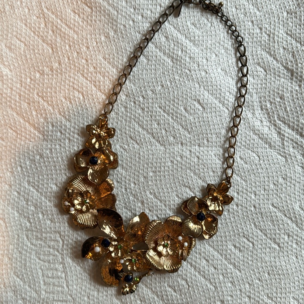 Statement necklace GOLD FLORAL with green and navy stones